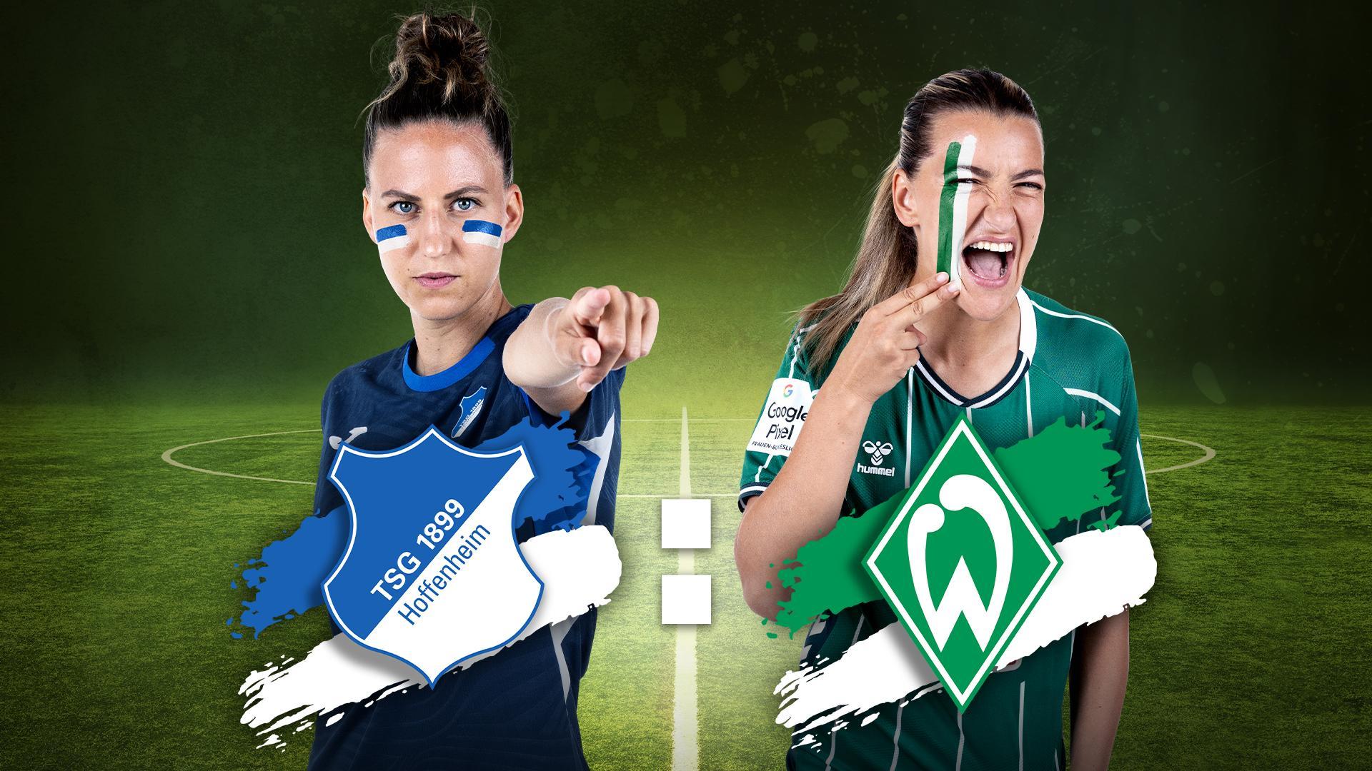 Werbegrafik mit Spielerinnen von TSG 1899 Hoffenheim und SV Werder Bremen mit Vereinslogos.